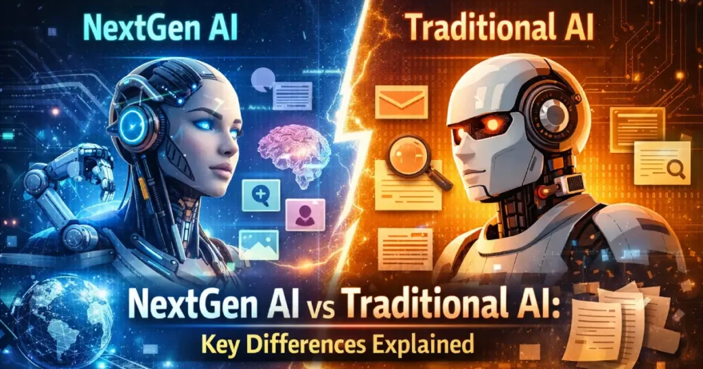 NextGen AI vs Traditional AI comparison showing differences in capabilities, reasoning, and multimodal technology.